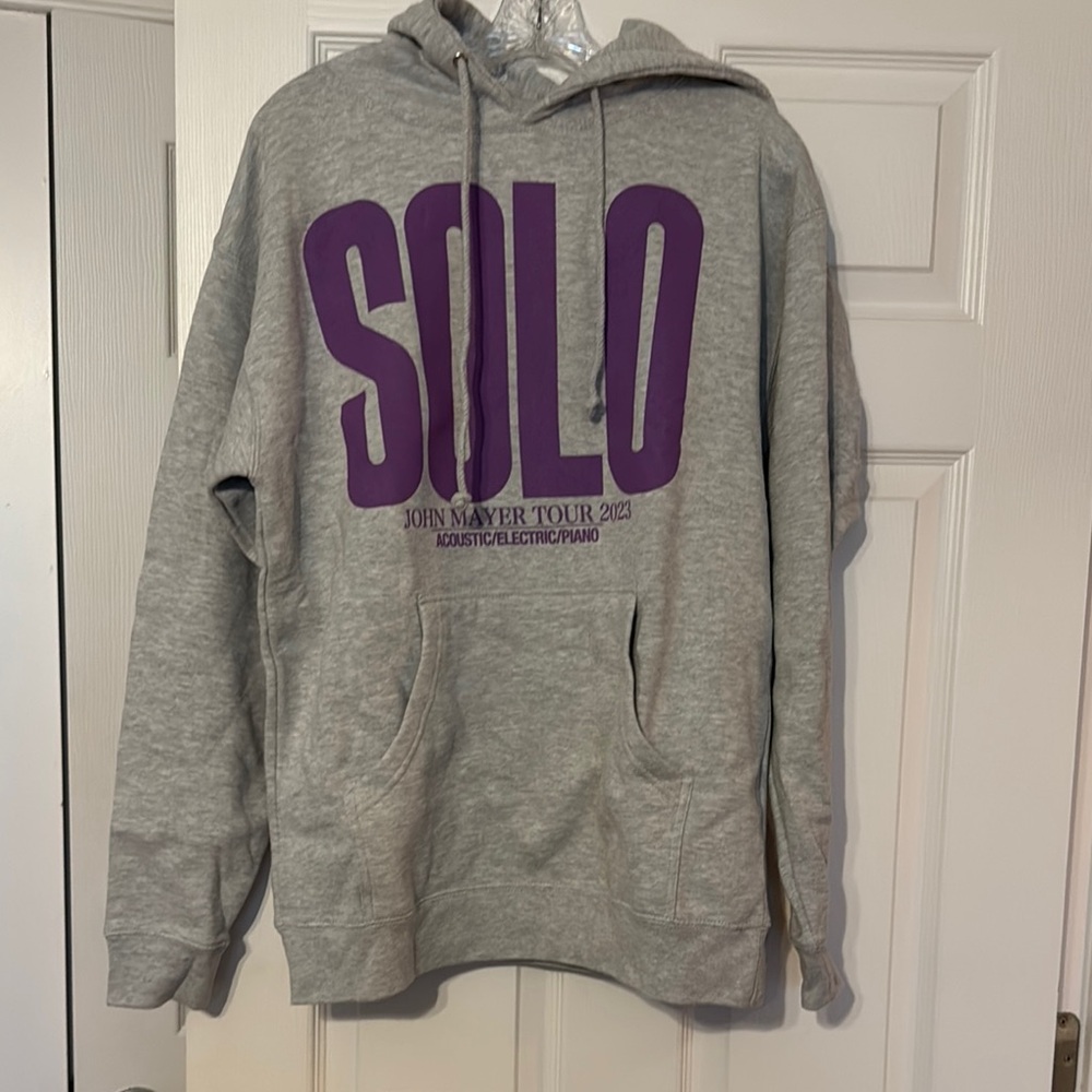 Heather Gray Pullover Hoodie with Vibrant Purple Text